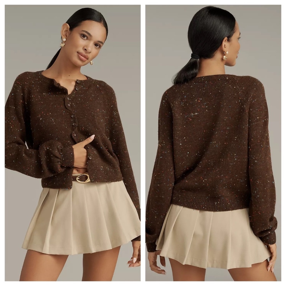 MAEVE Scallop Placket Women’s XL Brown Cardigan Confetti Cottagecore Preppy